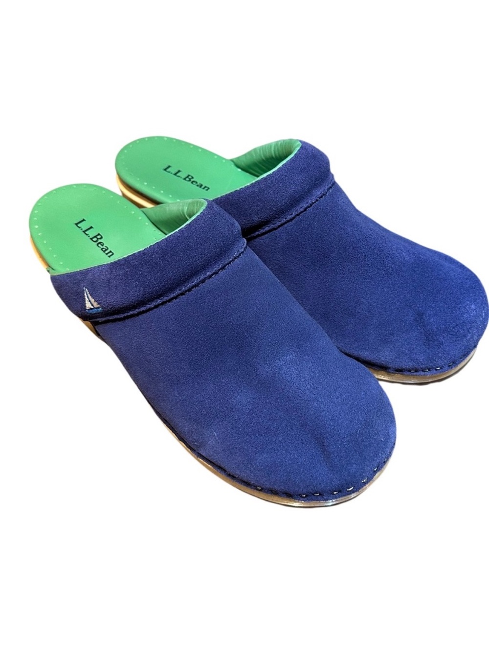 L.L. Bean Blue Suede Slip-On Clogs with Green Insole